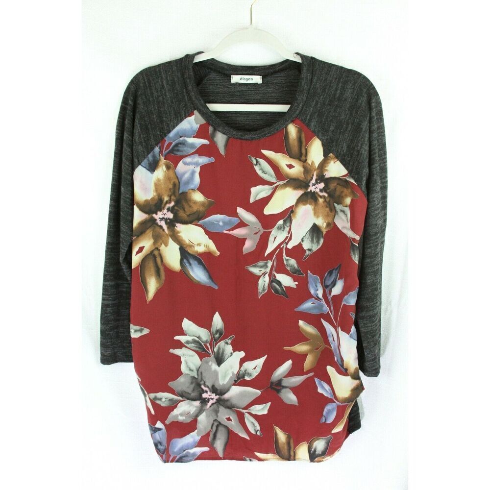 Eloges Top L Large Red Gray Floral Print Pockets Boho Cottagecore Resort Wear